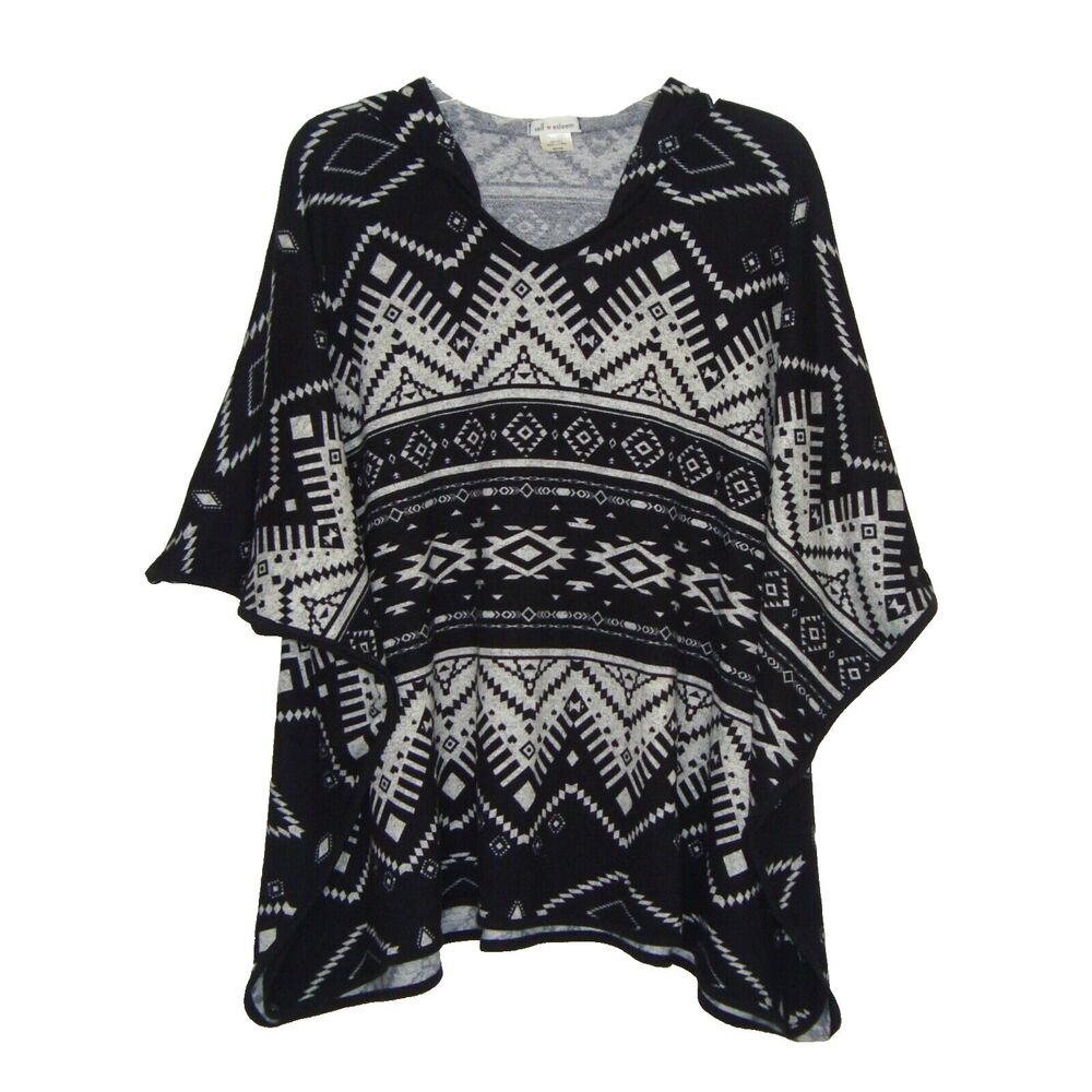 Self Esteem Womens Black Gray Aztec Design Hooded Poncho Sweater Size M